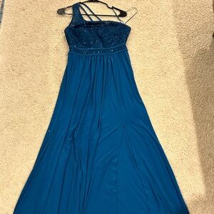 Elegant Blue Gown with Lace Detail